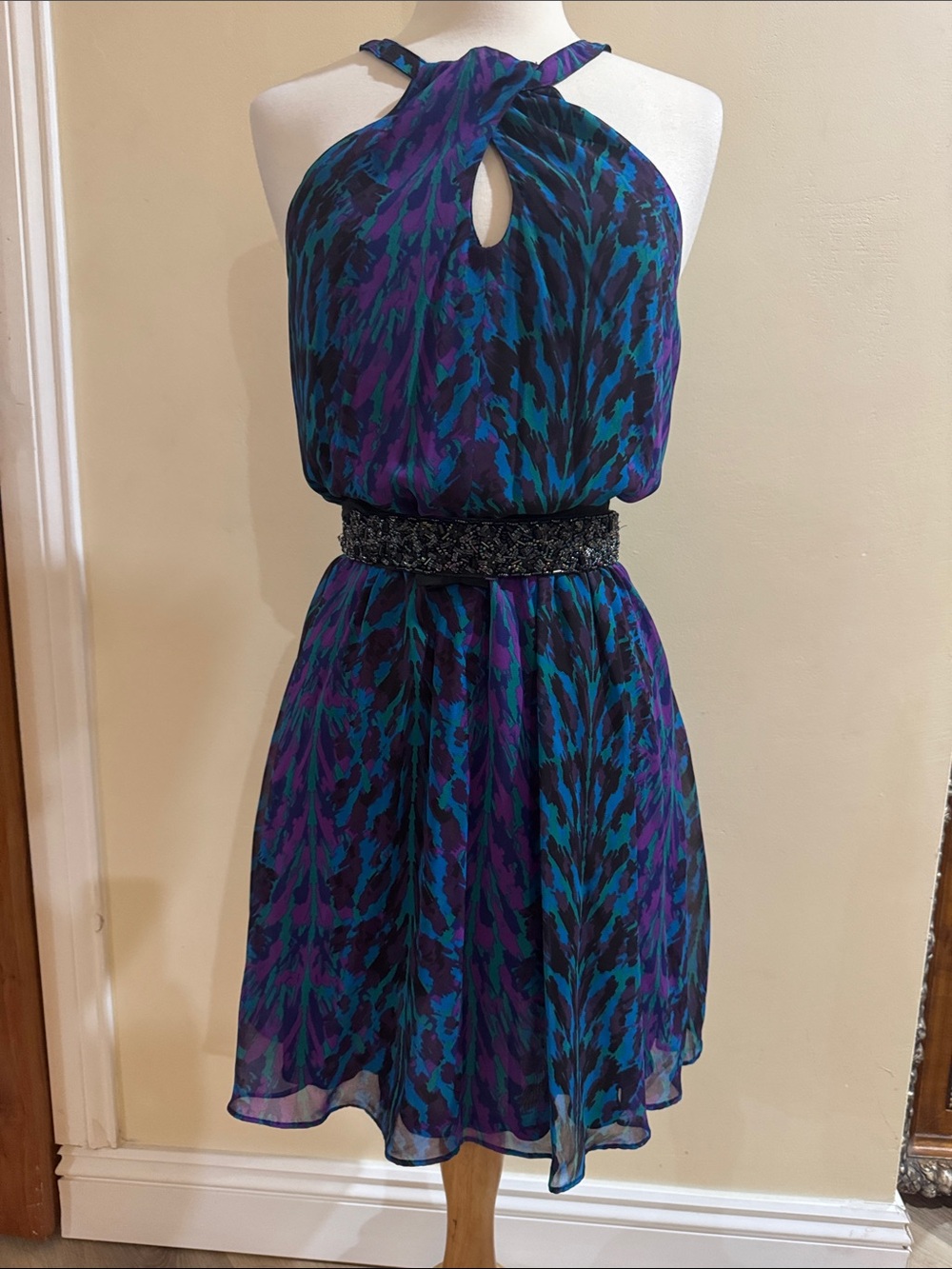 Express Purple and Teal Printed Halter Midi Dress